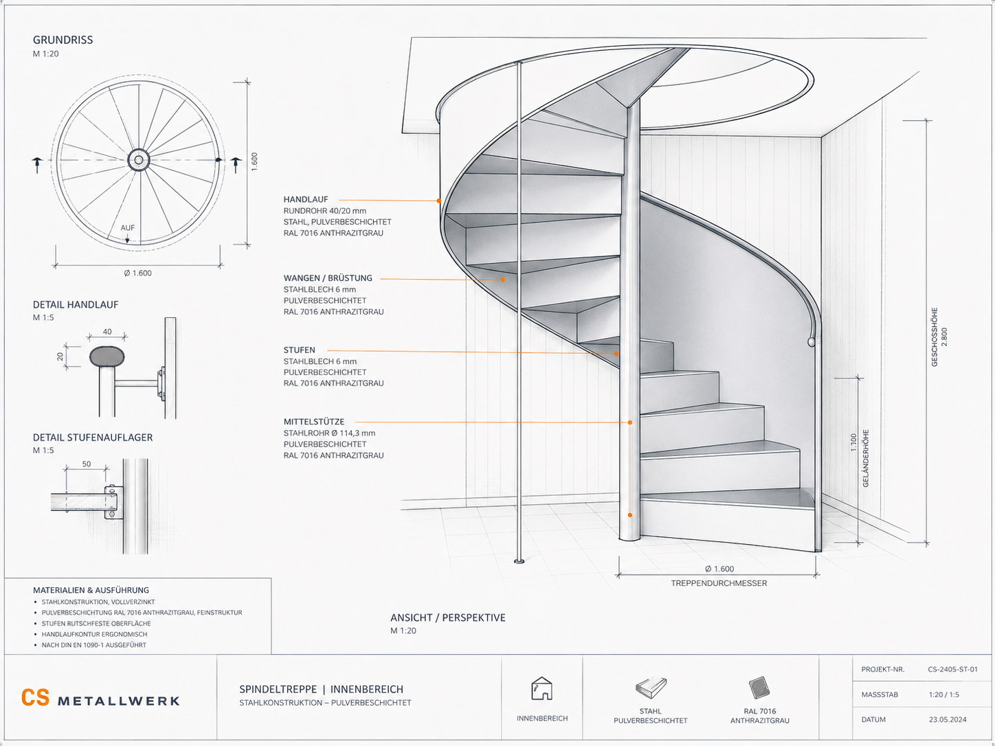 Technische Zeichnung einer Wendeltreppe